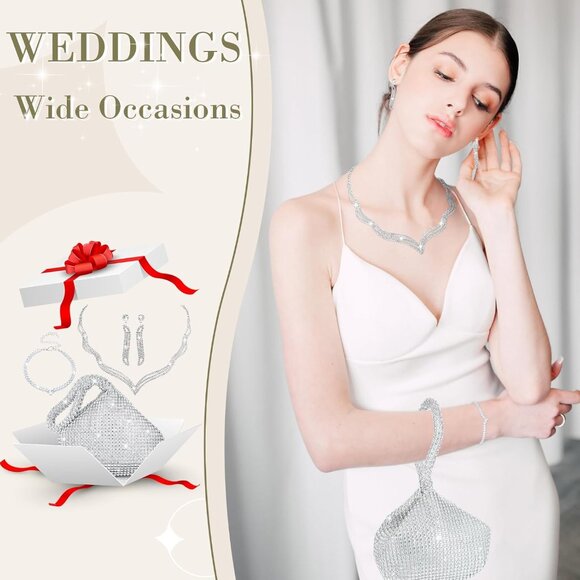 Silver Rhinestone Jewelry Set with Clutch Purse for Women Evening Formal - Picture 6 of 7
